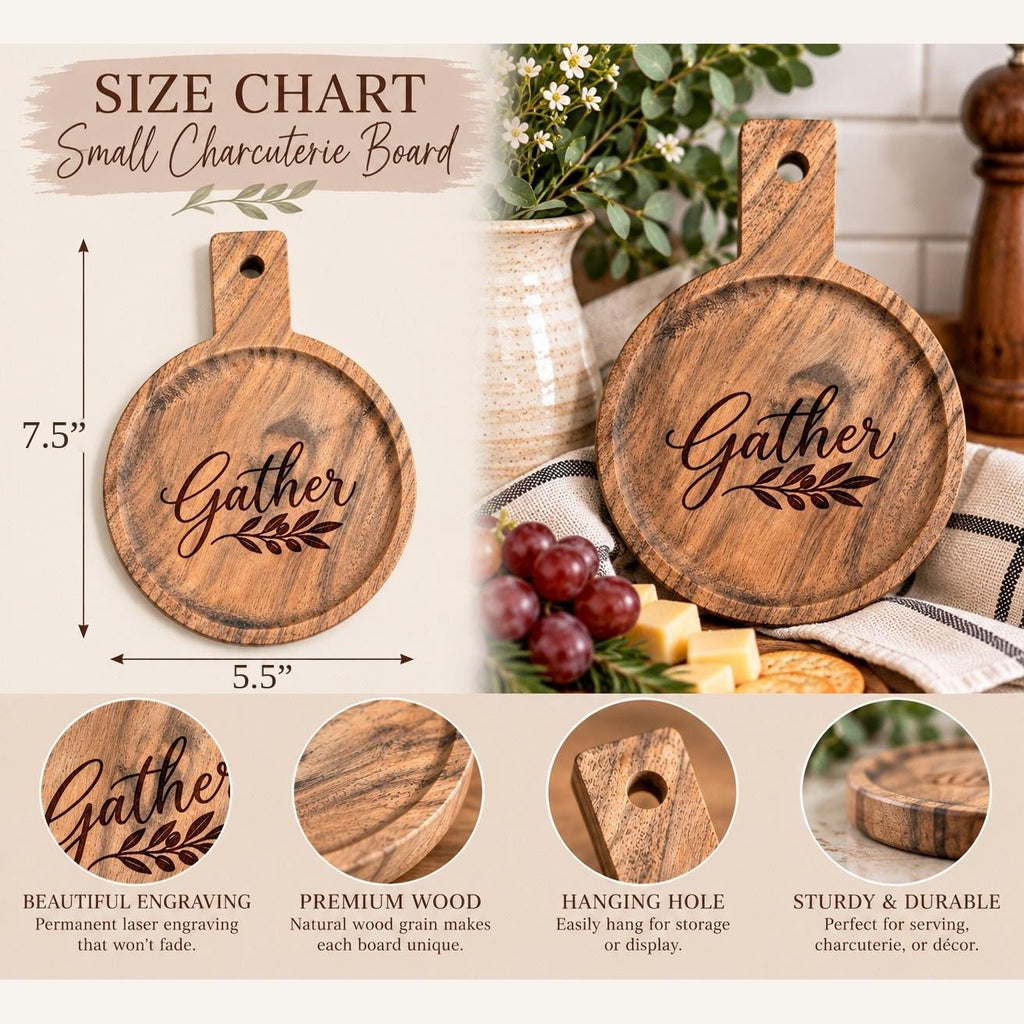 Gather Engraved Acacia Round Serving Board, Small Charcuterie Cheese Board with Handle, Hostess Housewarming Gift