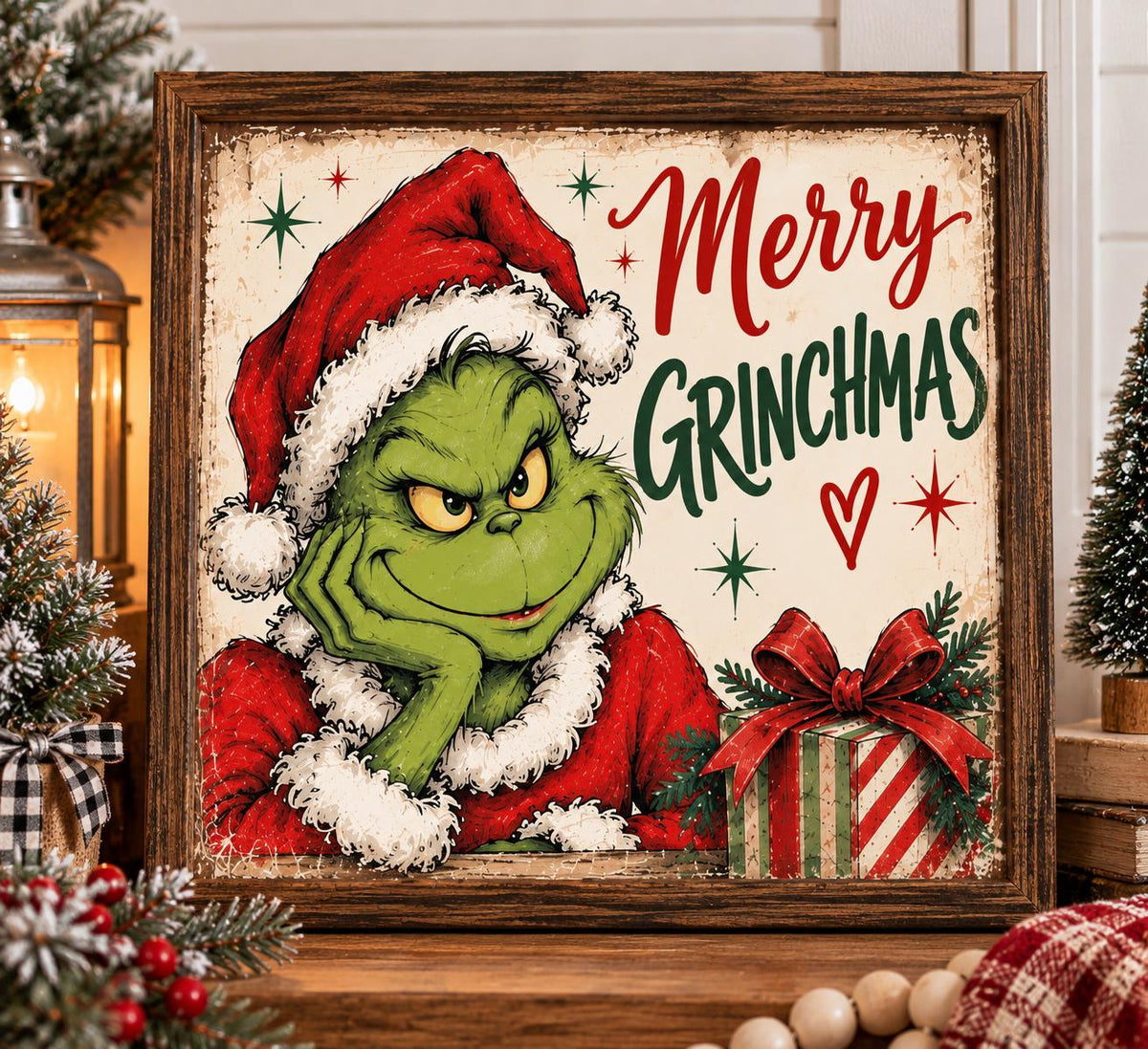 Merry Christmas Green Holiday Character Framed Print, Funny Retro Christmas Wall Art, Whimsical Christmas Sign, Holiday Decor