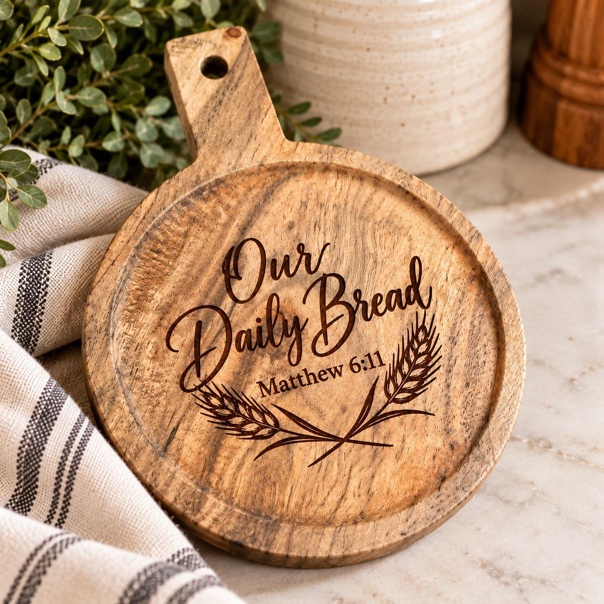 Our Daily Bread Engraved Acacia Serving Board, Matthew 6:11 Round Bread Board with Handle, Christian Kitchen Gift