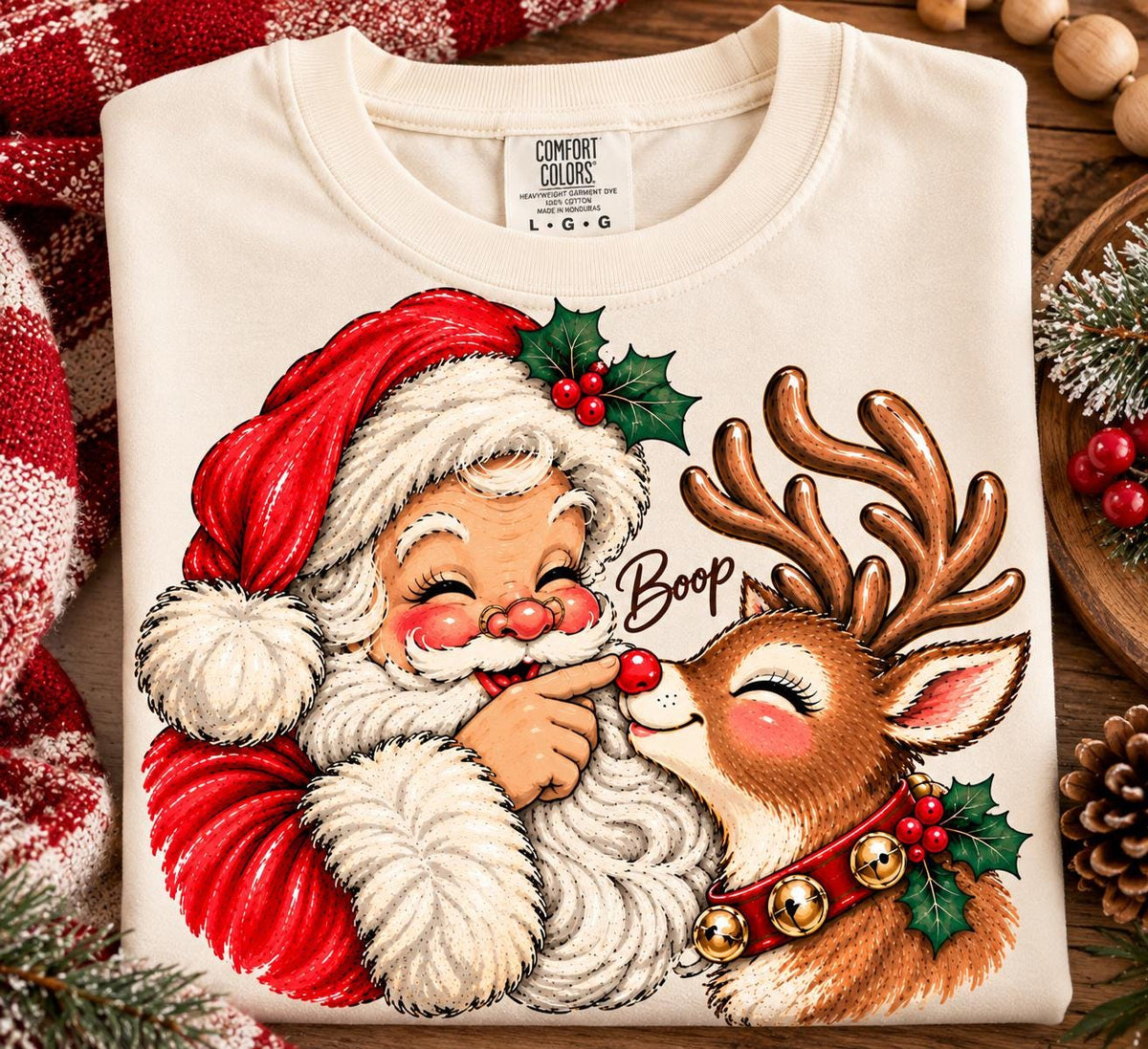 Vintage Santa and Reindeer Boop Christmas Shirt, Comfort Colors Retro Santa Tee, Cute Red Nose Reindeer Holiday T-Shirt, Gift for Her