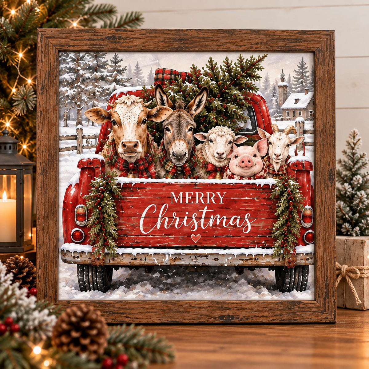 Farm Animals Red Truck Christmas Framed Print, Farmhouse Merry Christmas Wall Art, Barnyard Truck Holiday Sign, Decor