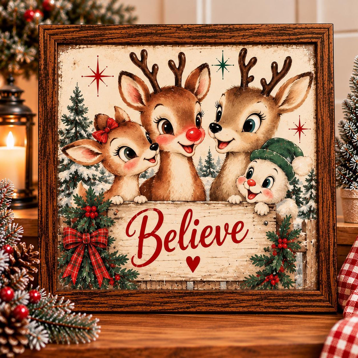 Vintage Reindeer Believe Framed Print, Retro Christmas Deer Wall Art, Believe Christmas Sign, Colorful Cottage Holiday Decor