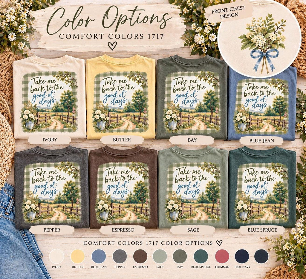 Take Me Back to the Good Ol' Days Comfort Colors Tee, Gingham Country Road Wildflower Shirt for Women, Nostalgic Farmhouse Tee