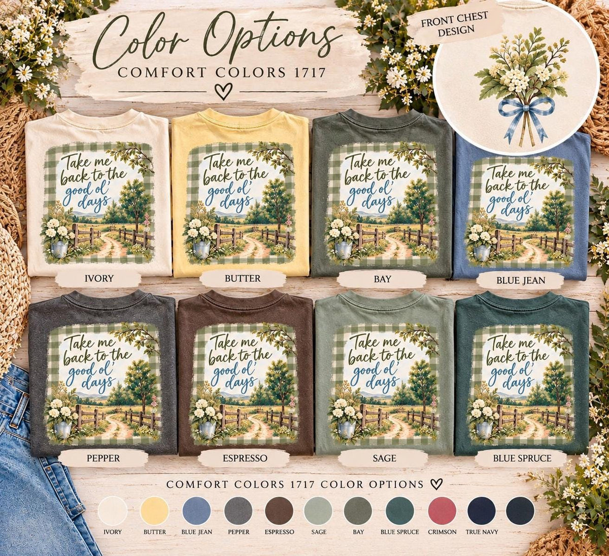 Take Me Back to the Good Ol' Days Comfort Colors Tee, Gingham Country Road Wildflower Shirt for Women, Nostalgic Farmhouse Tee