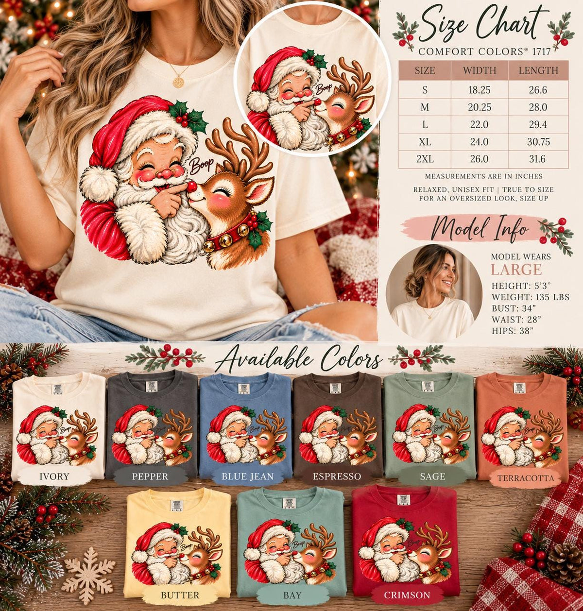 Vintage Santa and Reindeer Boop Christmas Shirt, Comfort Colors Retro Santa Tee, Cute Red Nose Reindeer Holiday T-Shirt, Gift for Her