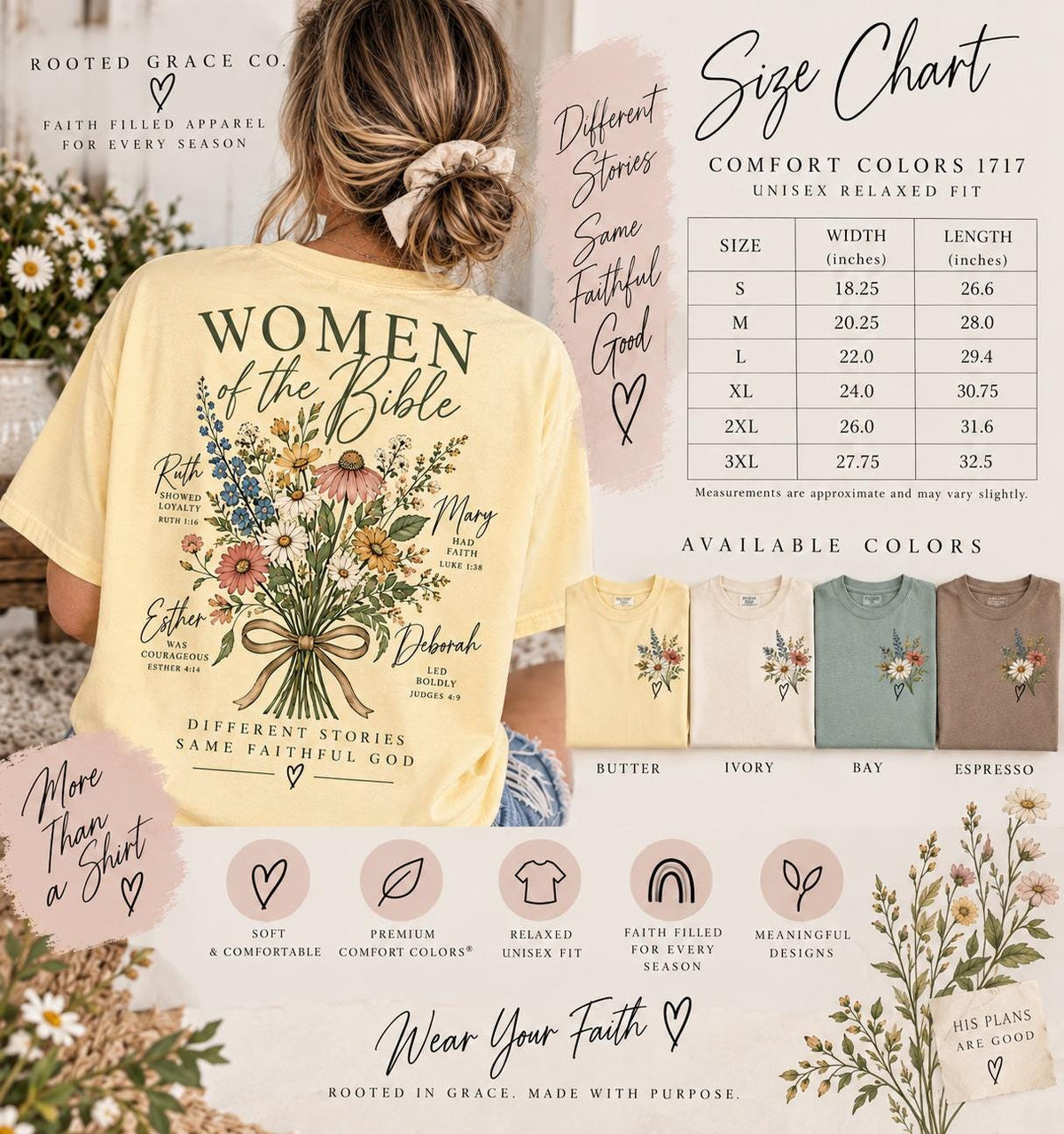 Women of the Bible Wildflower Tee, Ruth Esther Mary Deborah Christian Shirt (Comfort Colors)