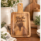 Bless this Kitchen Engraved Acacia Charcuterie Board, Small Wildflower Serving Board with Handle, Housewarming Gift