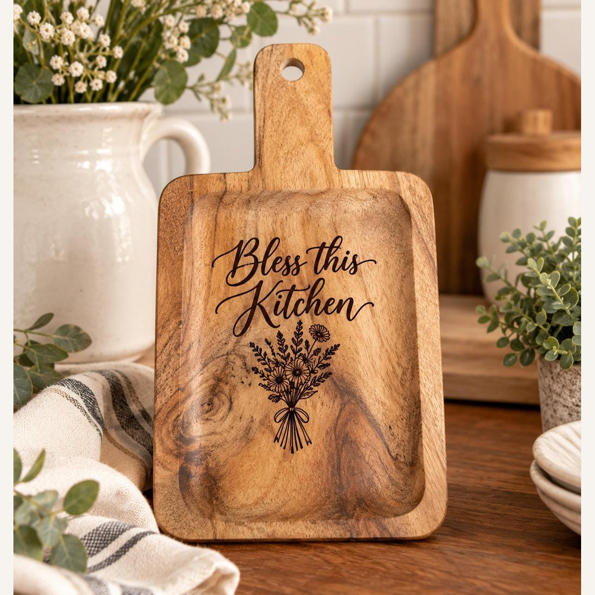 Bless this Kitchen Engraved Acacia Charcuterie Board, Small Wildflower Serving Board with Handle, Housewarming Gift