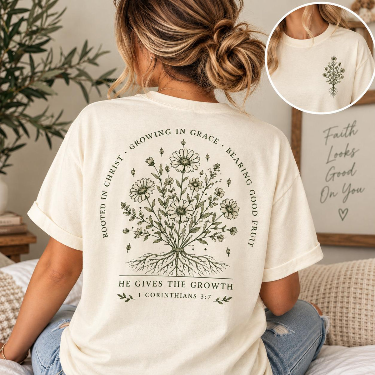 Growing in Grace Wildflower Comfort Colors Tee, 1 Corinthians 3:7 Christian Shirt for Women