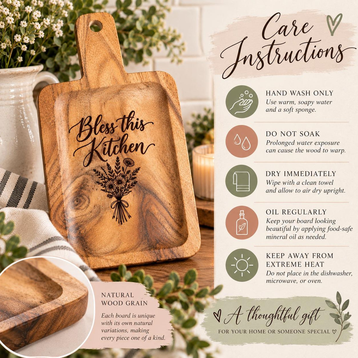 Bless this Kitchen Engraved Acacia Charcuterie Board, Small Wildflower Serving Board with Handle, Housewarming Gift