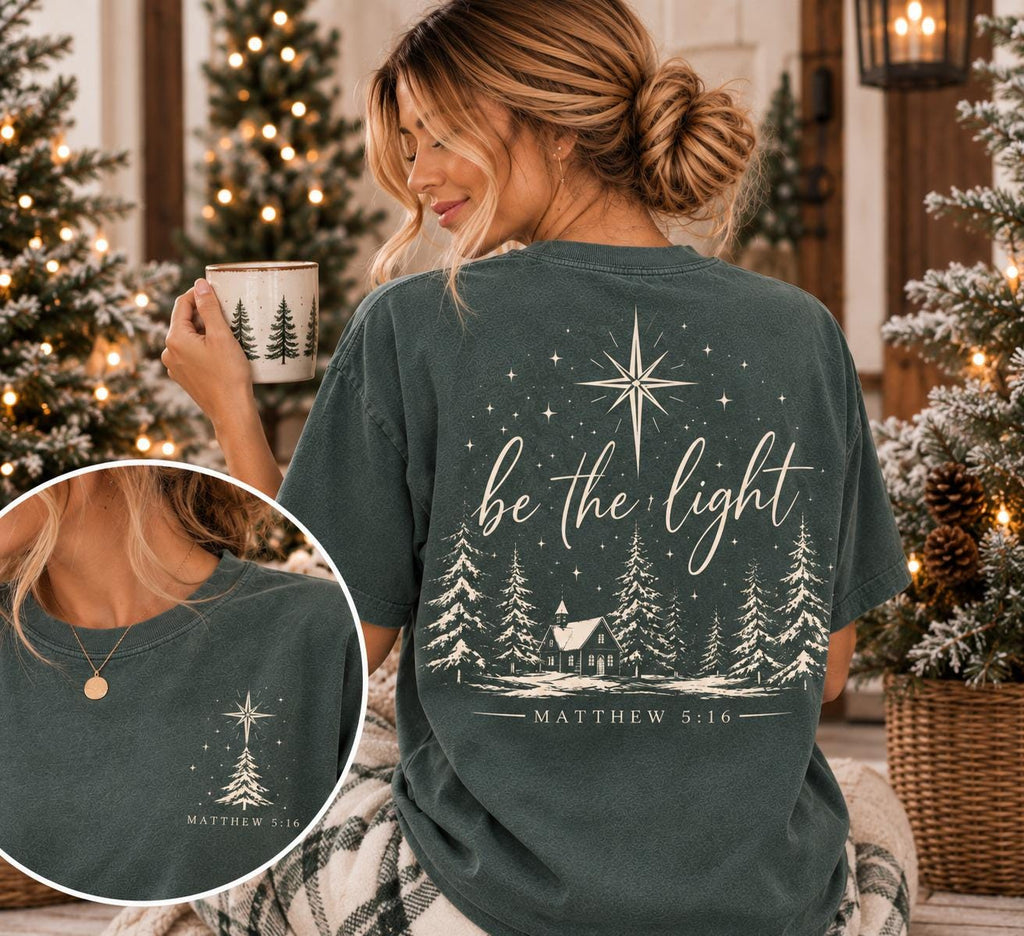 Be the Light Christmas Comfort Colors Tee, Matthew 5:16 Christian Christmas Shirt for Women