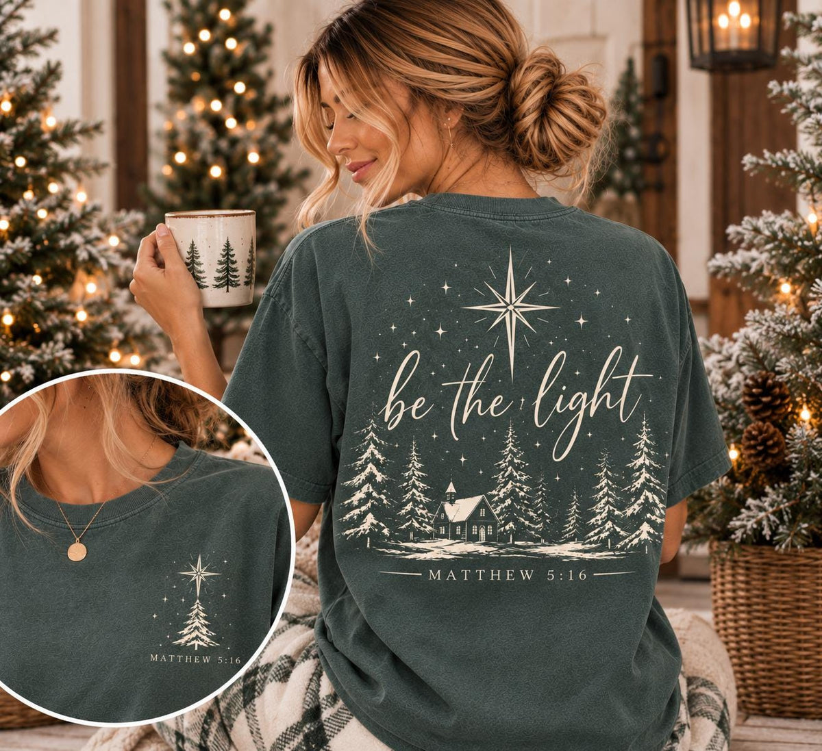 Be the Light Christmas Comfort Colors Tee, Matthew 5:16 Christian Christmas Shirt for Women