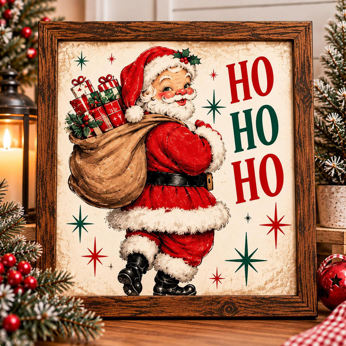 Vintage Santa Ho Ho Ho Framed Print, Retro Santa Claus Wall Art, Mid Century Christmas Sign, Colorful Cottage Holiday Decor