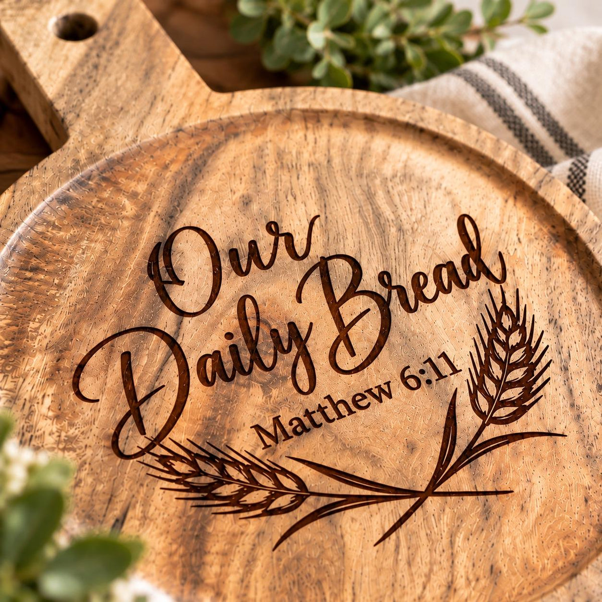 Our Daily Bread Engraved Acacia Serving Board, Matthew 6:11 Round Bread Board with Handle, Christian Kitchen Gift