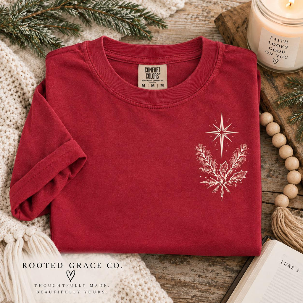 O Come Adore Him Christmas Tee, Luke 2:11 Pine Holly (Comfort Colors)