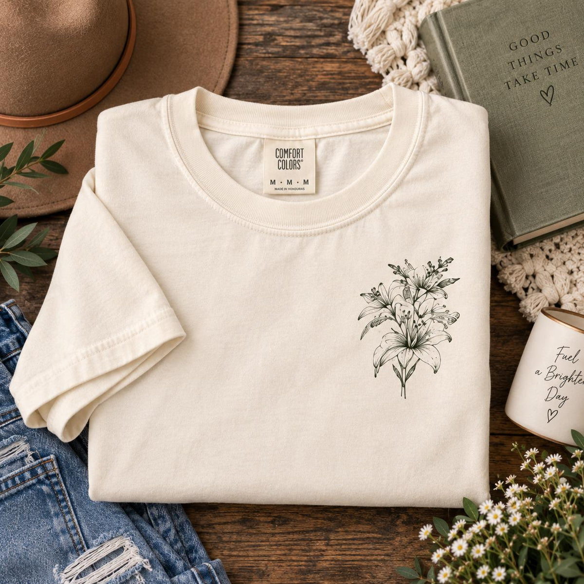 Consider the Lilies Wildflower Comfort Colors Tee, Luke 12:27 Christian Shirt for Women