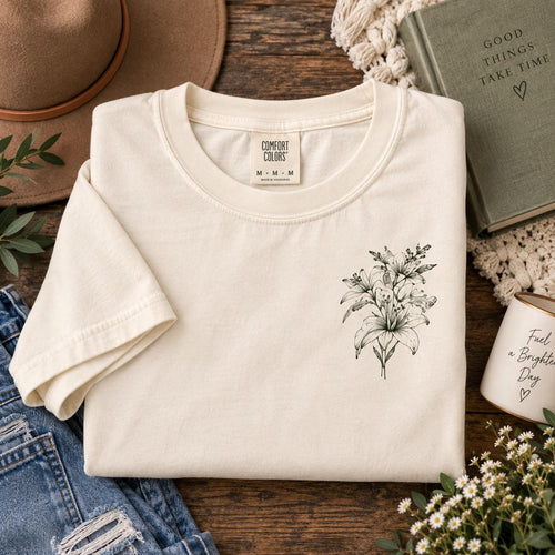Consider the Lilies Wildflower Comfort Colors Tee, Luke 12:27 Christian Shirt for Women
