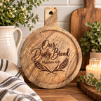 Our Daily Bread Engraved Acacia Serving Board, Matthew 6:11 Round Bread Board with Handle, Christian Kitchen Gift
