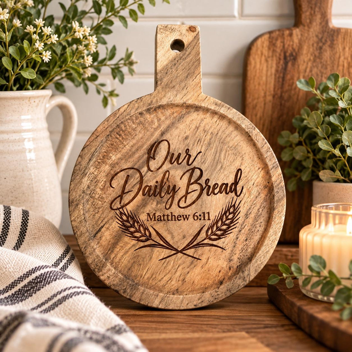 Our Daily Bread Engraved Acacia Serving Board, Matthew 6:11 Round Bread Board with Handle, Christian Kitchen Gift