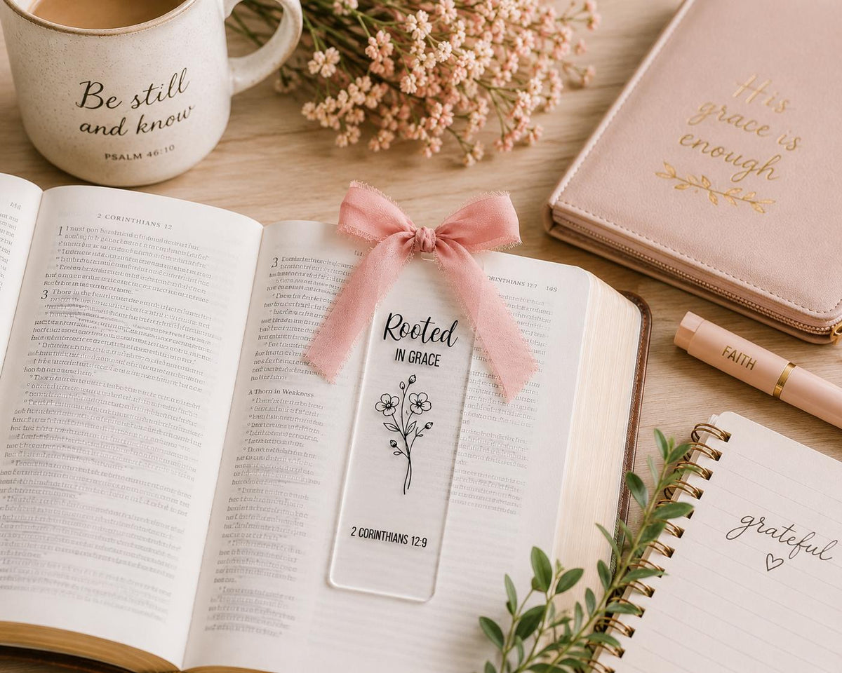 Rooted in Grace Clear Acrylic Bookmark with Tassel, 2 Corinthians 12:9 Scripture Page Marker