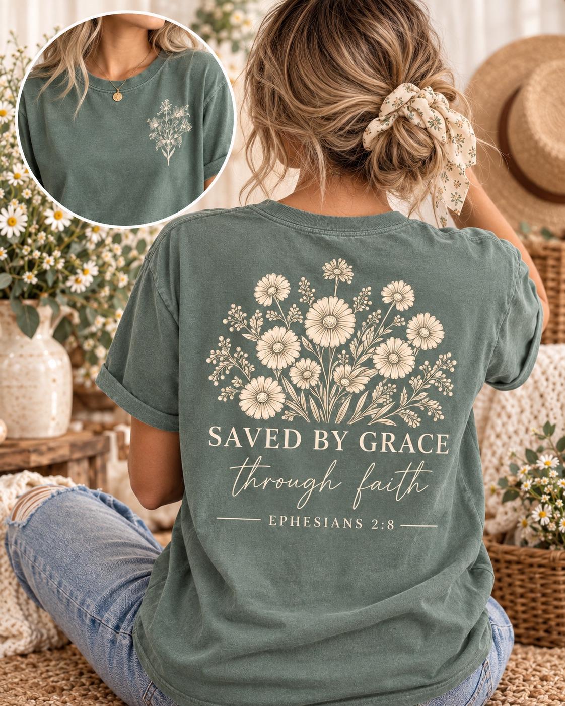 Saved by Grace Wildflower Tee, Ephesians 2:8 Christian Shirt, Comfort Colors® 1717 Cotton Tee