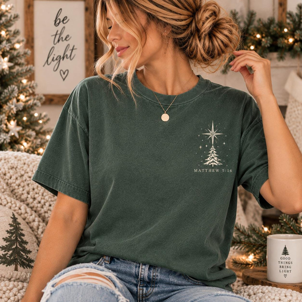 Be the Light Christmas Comfort Colors Tee, Matthew 5:16 Christian Christmas Shirt for Women