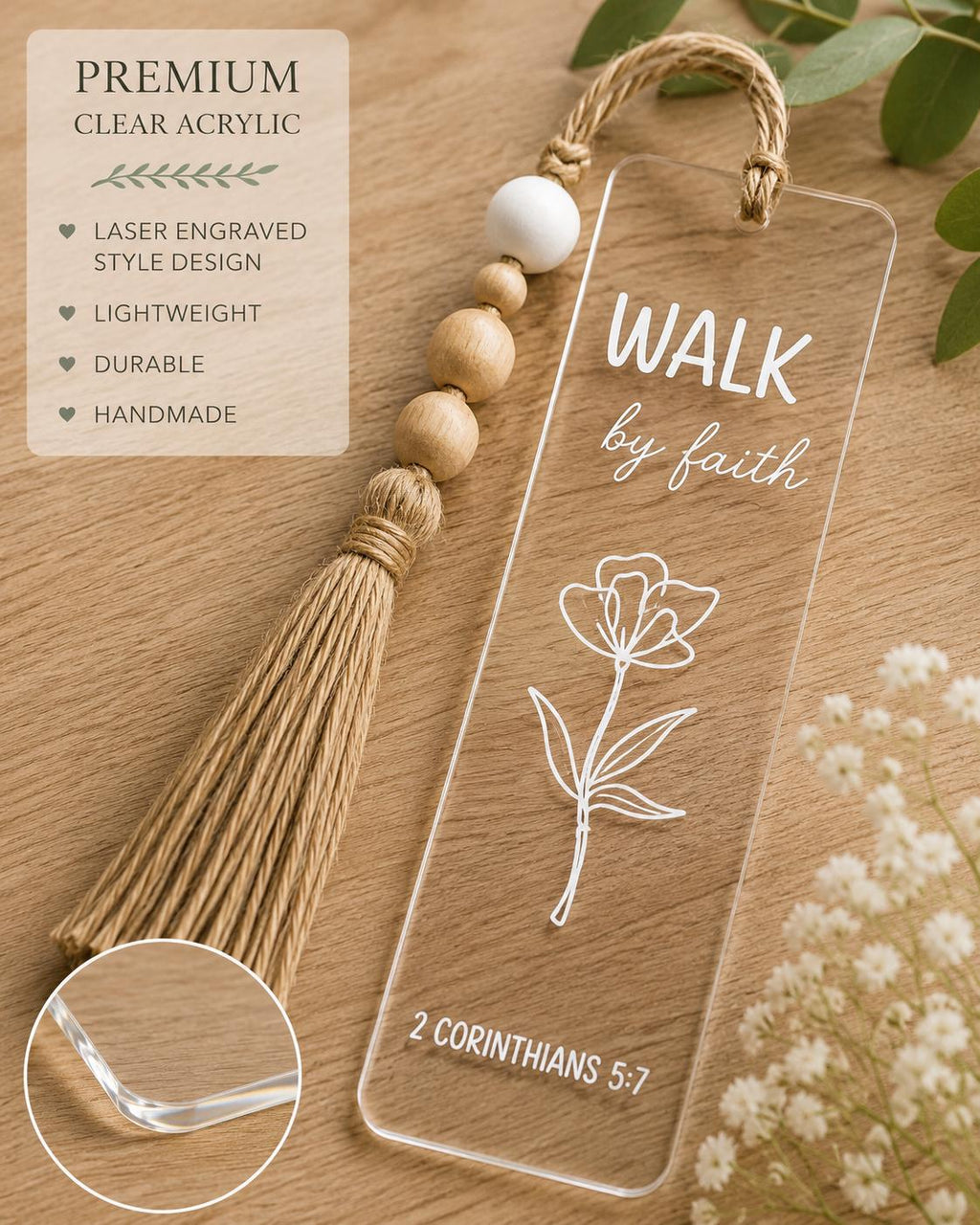 Walk by Faith Clear Acrylic Bookmark with Tassel, 2 Corinthians 5:7 Scripture Page Marker