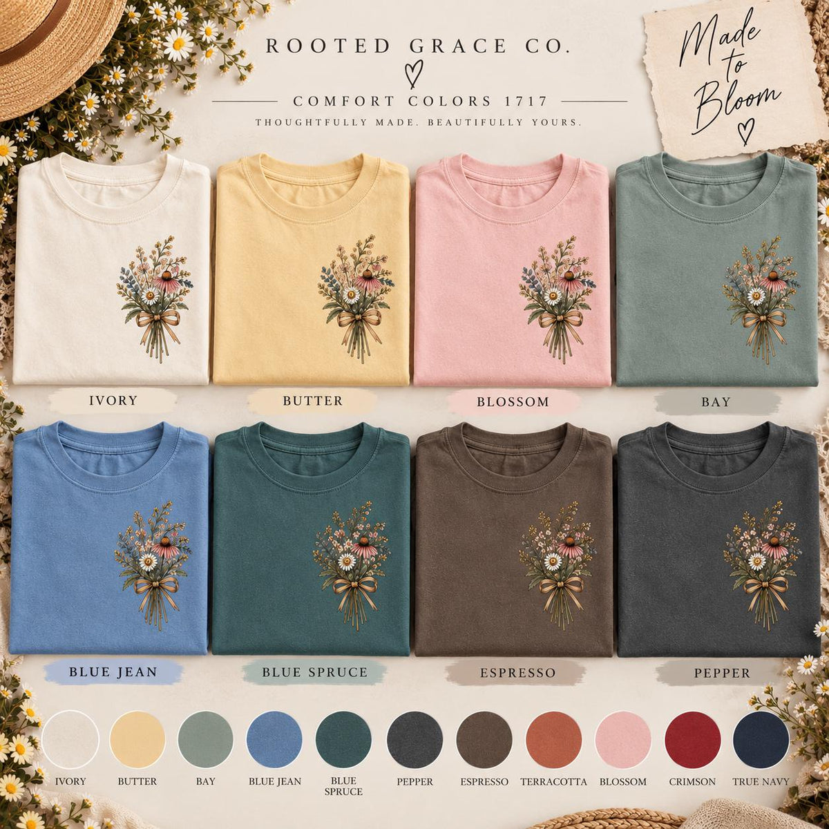 Made to Bloom Wildflower Tee, Boho Christian Floral Shirt, Comfort Colors 1717