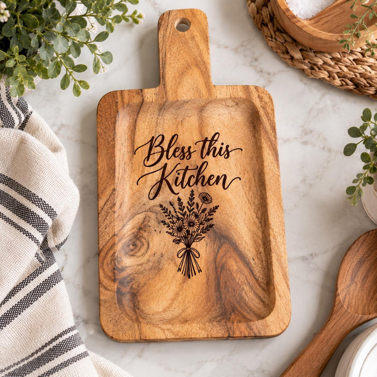 Bless this Kitchen Engraved Acacia Charcuterie Board, Small Wildflower Serving Board with Handle, Housewarming Gift