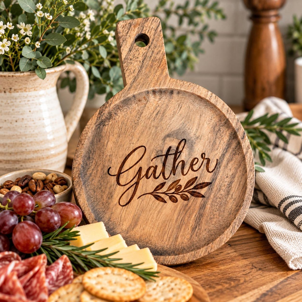 Gather Engraved Acacia Round Serving Board, Small Charcuterie Cheese Board with Handle, Hostess Housewarming Gift