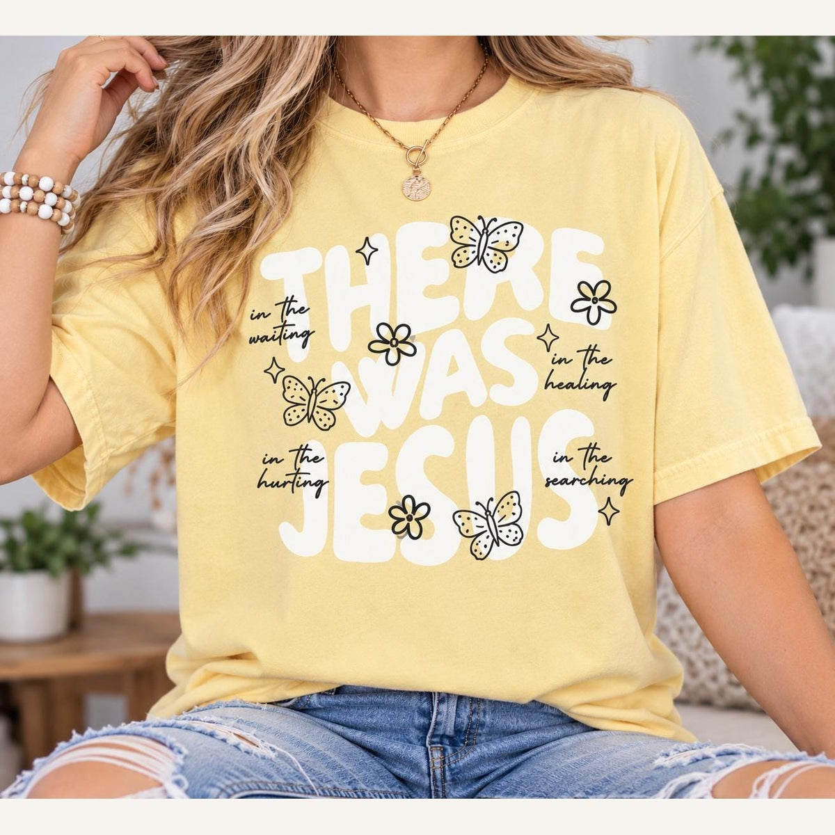 There Was Jesus Comfort Colors Tee, In the Waiting In the Healing Christian Shirt for Women, Retro Butterfly Faith Tee