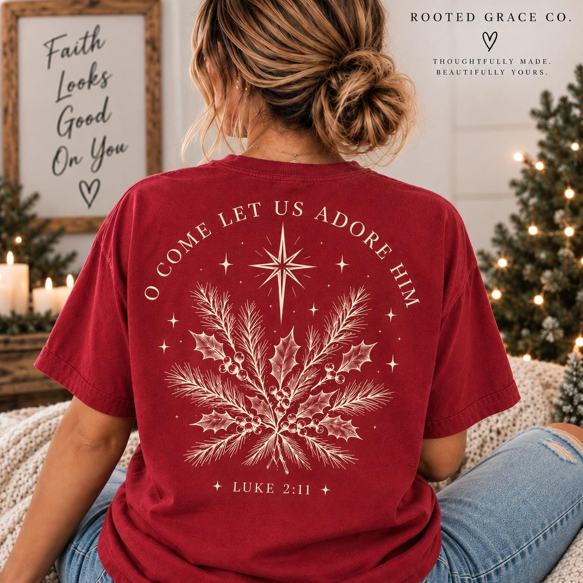 O Come Adore Him Christmas Tee, Luke 2:11 Pine Holly (Comfort Colors)