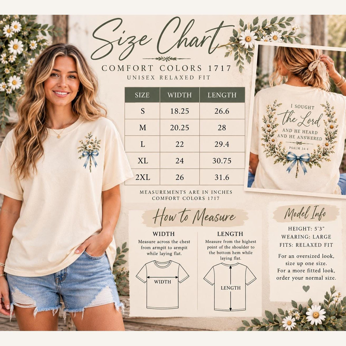 I Sought the Lord and He Heard and He Answered Wildflower Comfort Colors Tee, Psalm 34:4 Christian Shirt for Women