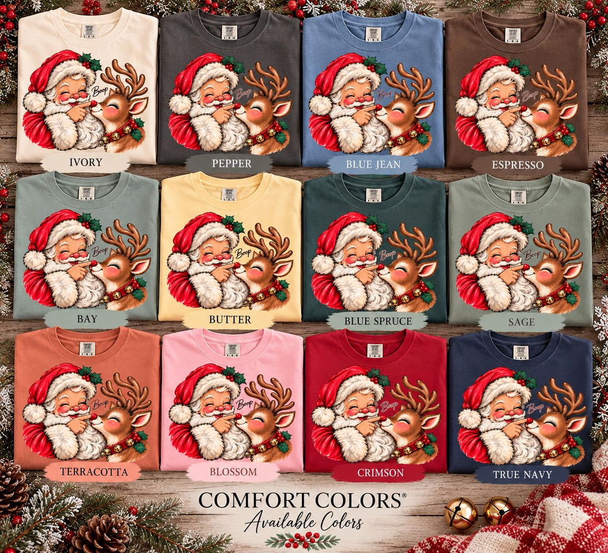 Vintage Santa and Reindeer Boop Christmas Shirt, Comfort Colors Retro Santa Tee, Cute Red Nose Reindeer Holiday T-Shirt, Gift for Her