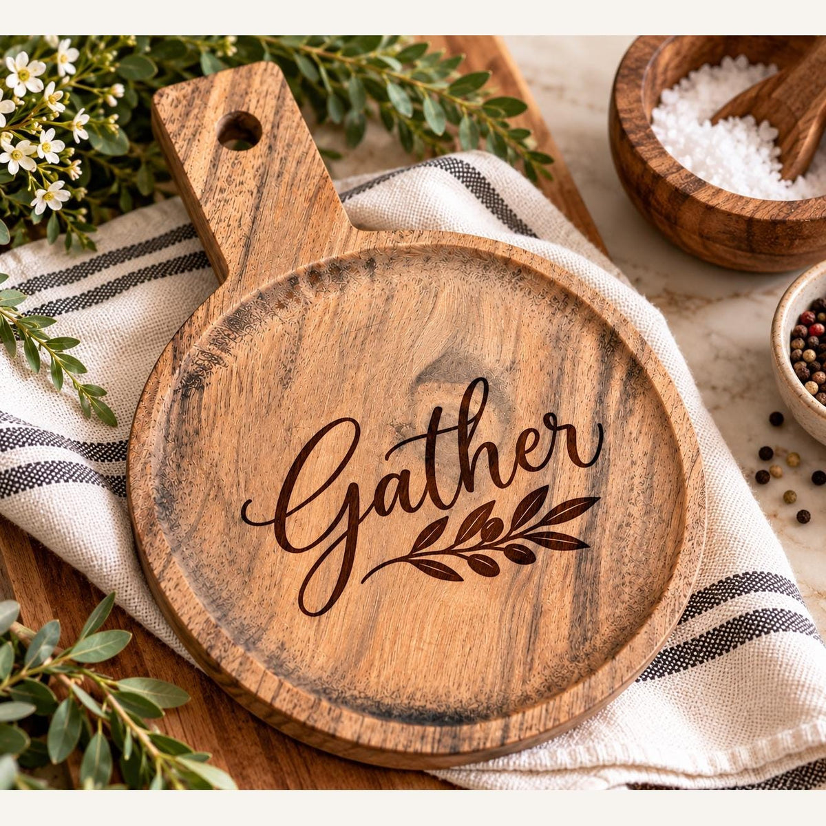 Gather Engraved Acacia Round Serving Board, Small Charcuterie Cheese Board with Handle, Hostess Housewarming Gift