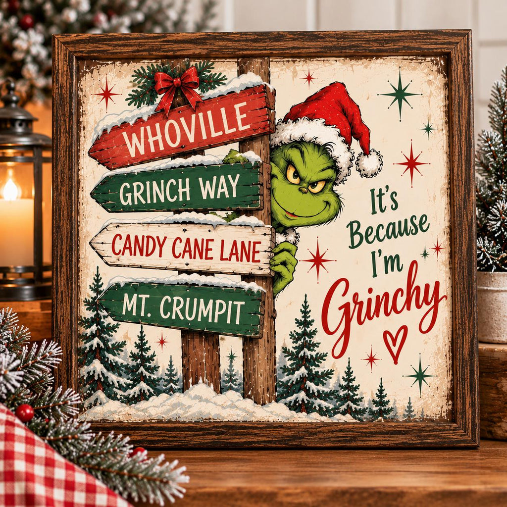 Funny Christmas Signpost Framed Print, Candy Cane Lane Retro Wall Art, Whimsical Green Character Sign, Holiday Decor