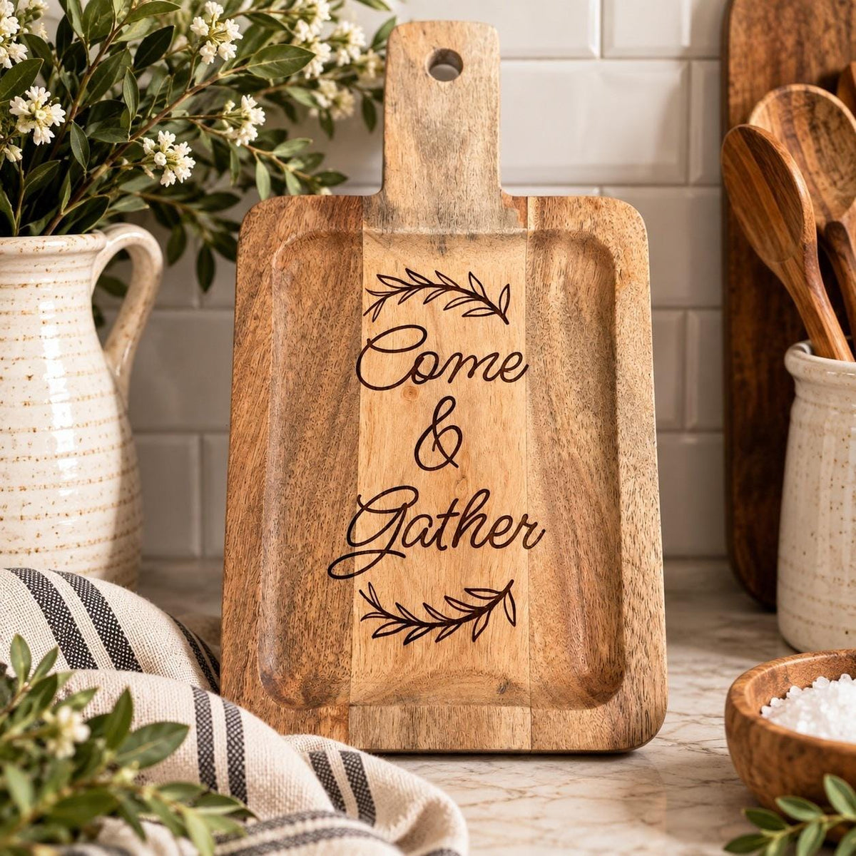 Come & Gather Engraved Acacia Charcuterie Board, Small Rectangle Serving Tray with Handle, Hostess Housewarming Gift