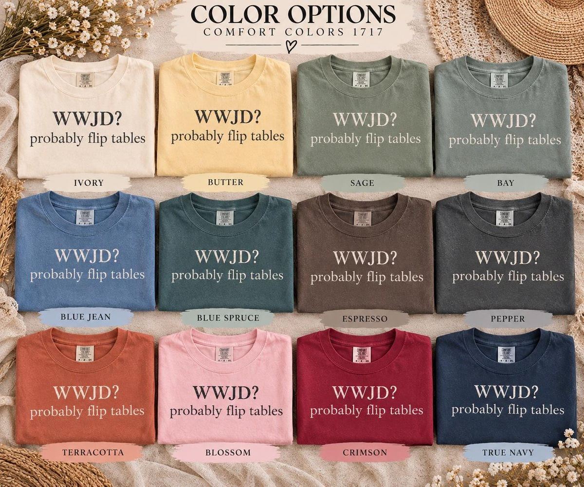 WWJD Probably Flip Tables Tee, Funny Minimalist Christian Shirt in Cream Sage Sand
