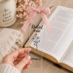 Rooted in Grace Clear Acrylic Bookmark with Tassel, 2 Corinthians 12:9 Scripture Page Marker