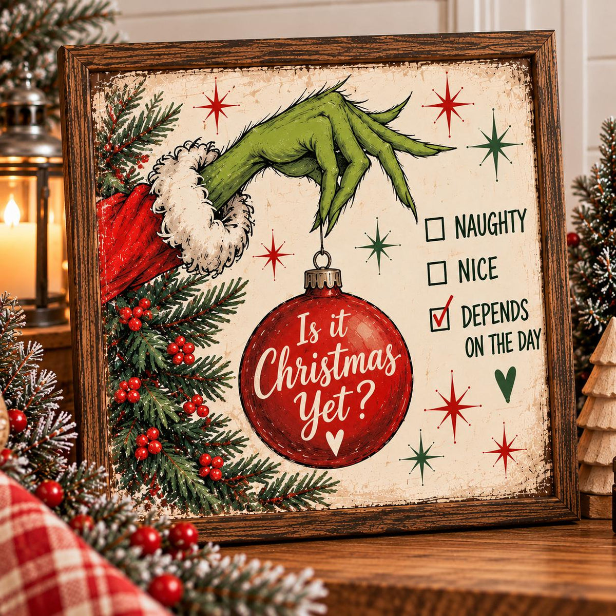 Is It Christmas Yet Framed Print, Naughty Nice Funny Christmas Wall Art, Retro Ornament Sign, Whimsical Holiday Decor