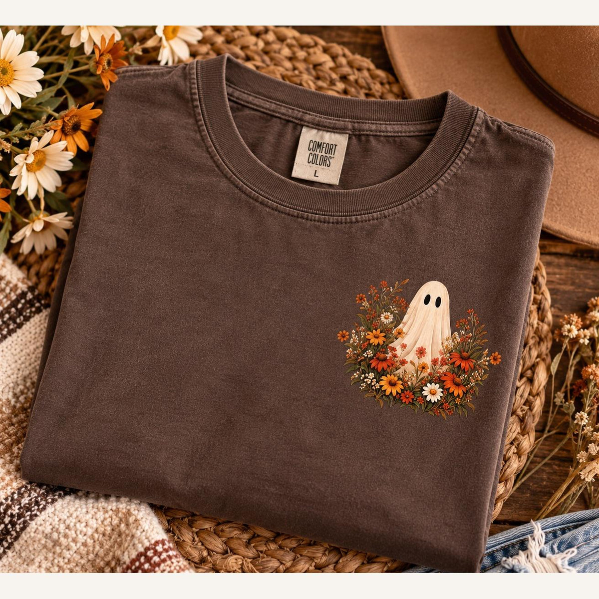 Ain't No Ghost Like the Holy Ghost Comfort Colors Tee, Christian Fall Shirt for Women, Cute Ghost Wildflower Autumn Tee