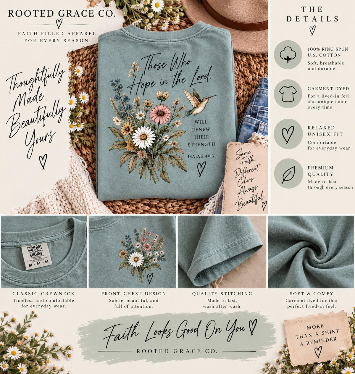 Wildflower Hummingbird Christian Tee, Isaiah 40:31 Comfort Colors Shirt