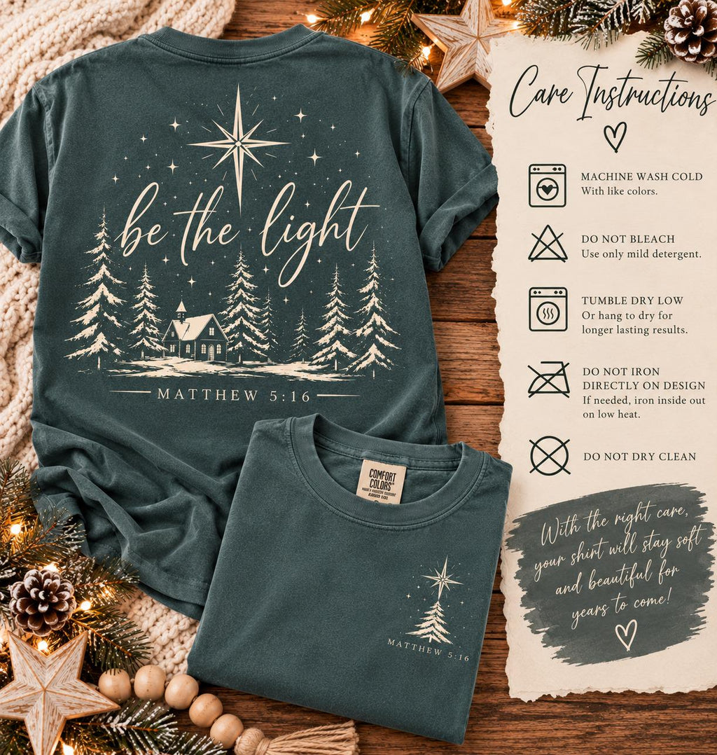 Be the Light Christmas Comfort Colors Tee, Matthew 5:16 Christian Christmas Shirt for Women