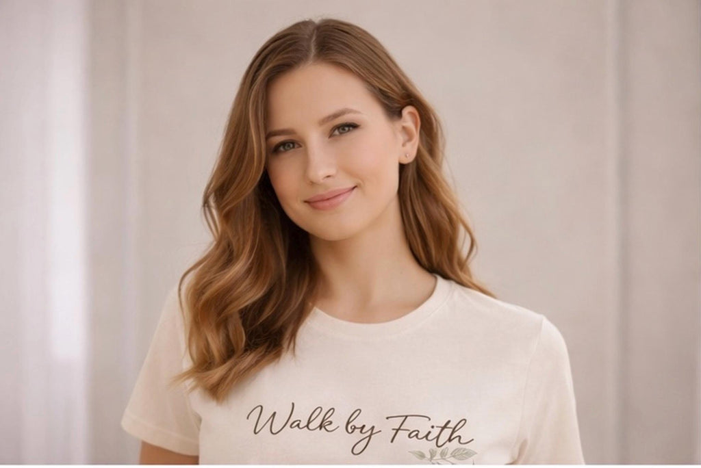 Walk by Faith Tee, 2 Corinthians 5:7 Minimalist Christian Shirt for Women