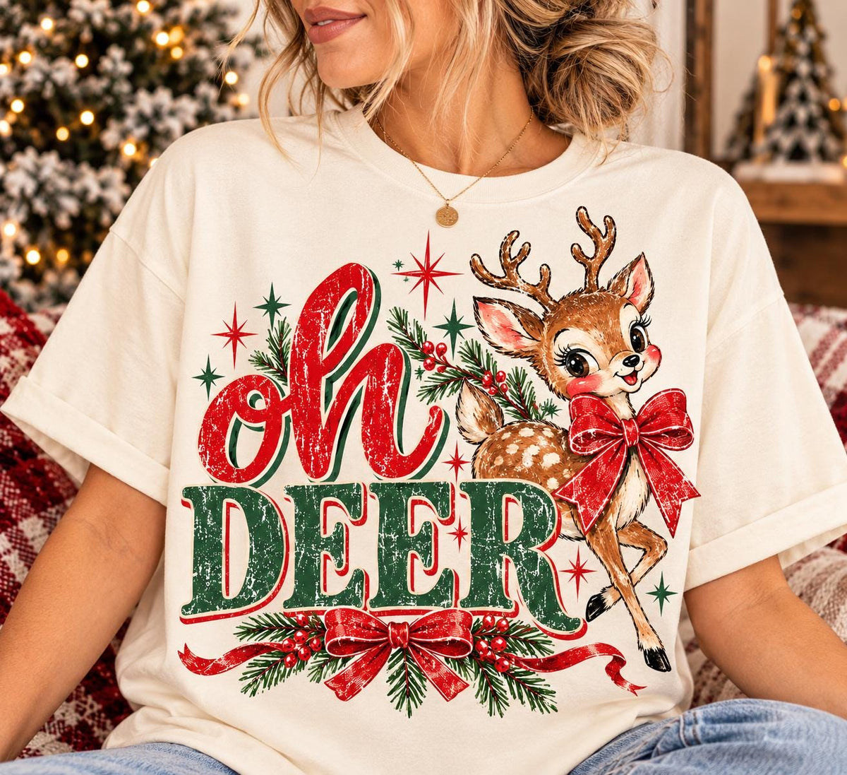 Oh Deer Christmas Shirt, Vintage Fawn Comfort Colors Tee, Retro Reindeer Holiday T-Shirt, Cute Deer Bow Christmas Gift for Her