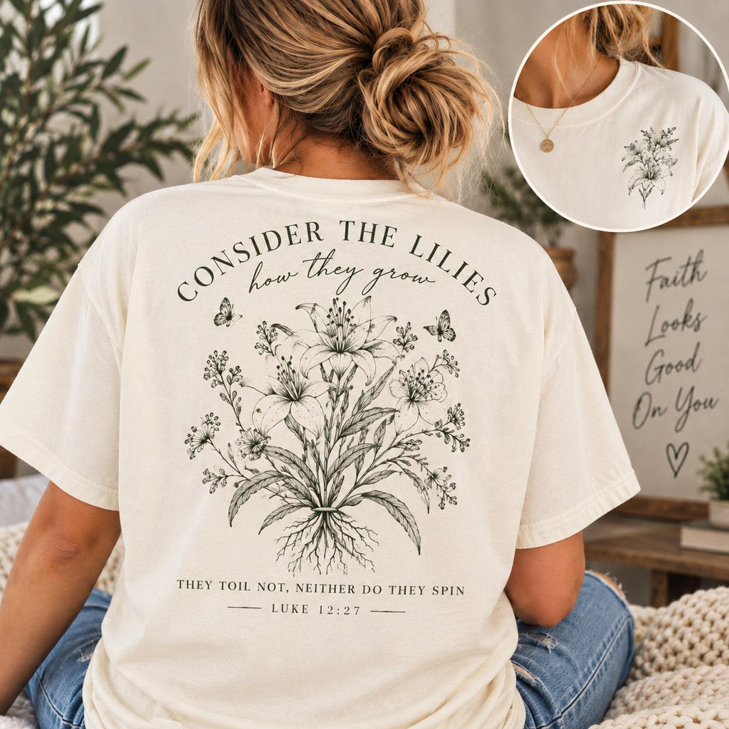 Consider the Lilies Wildflower Comfort Colors Tee, Luke 12:27 Christian Shirt for Women