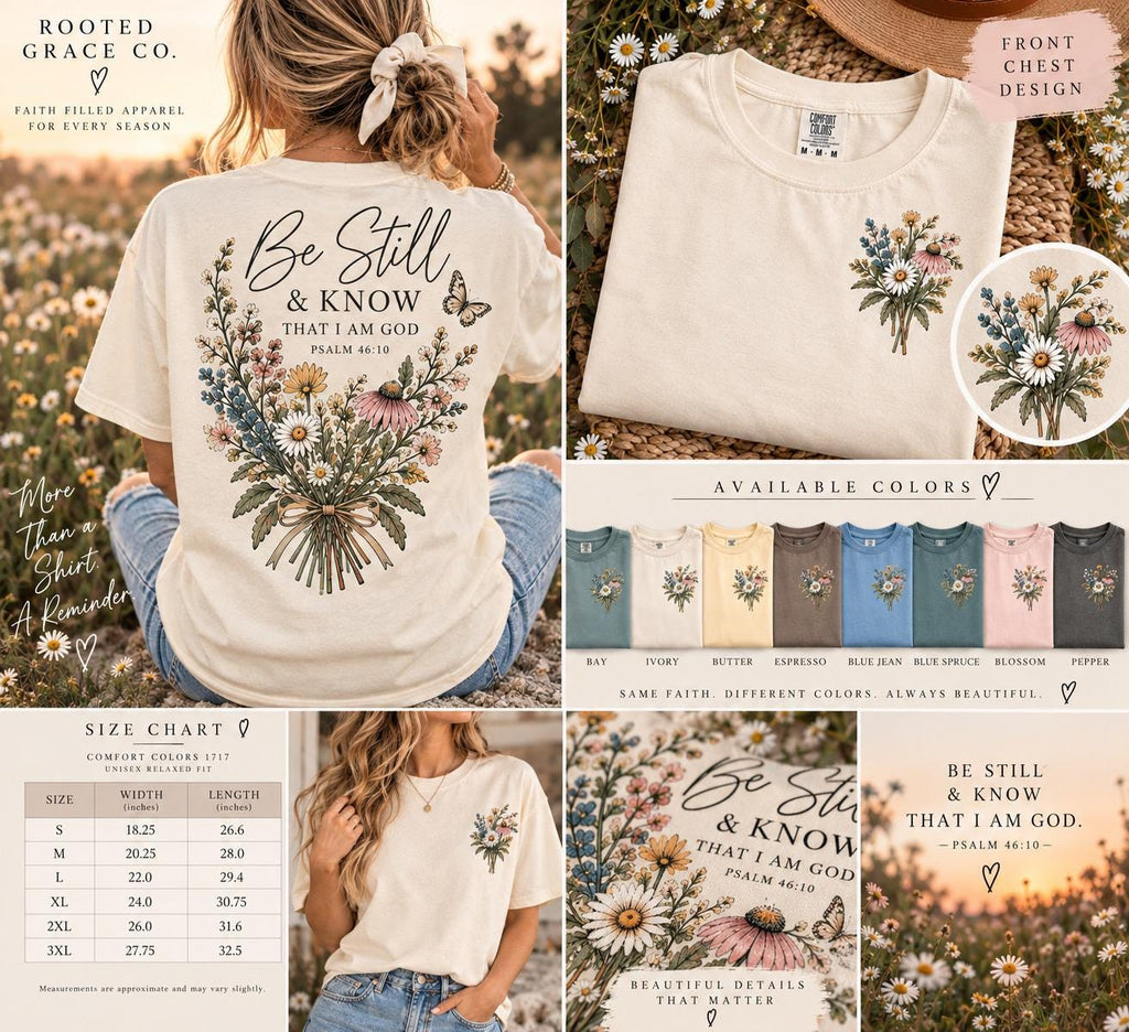 Wildflower Christian Tee, Be Still Know That I Am God, Comfort Colors Shirt