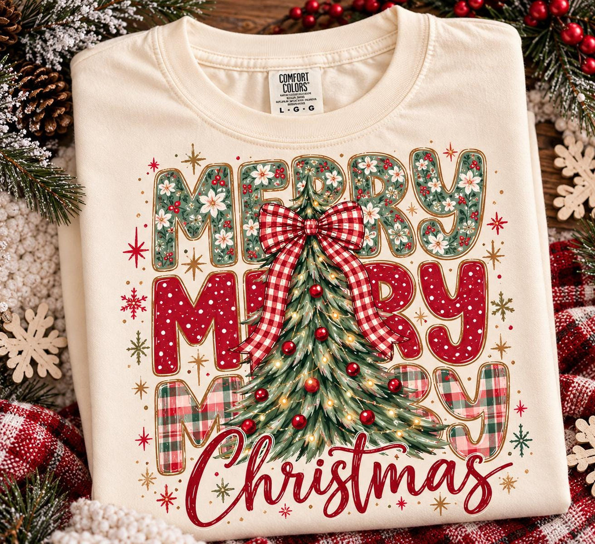 Merry Merry Christmas Tree Shirt, Comfort Colors Plaid Bow Christmas Tee, Vintage Christmas Tree T-Shirt, Retro Holiday Gift