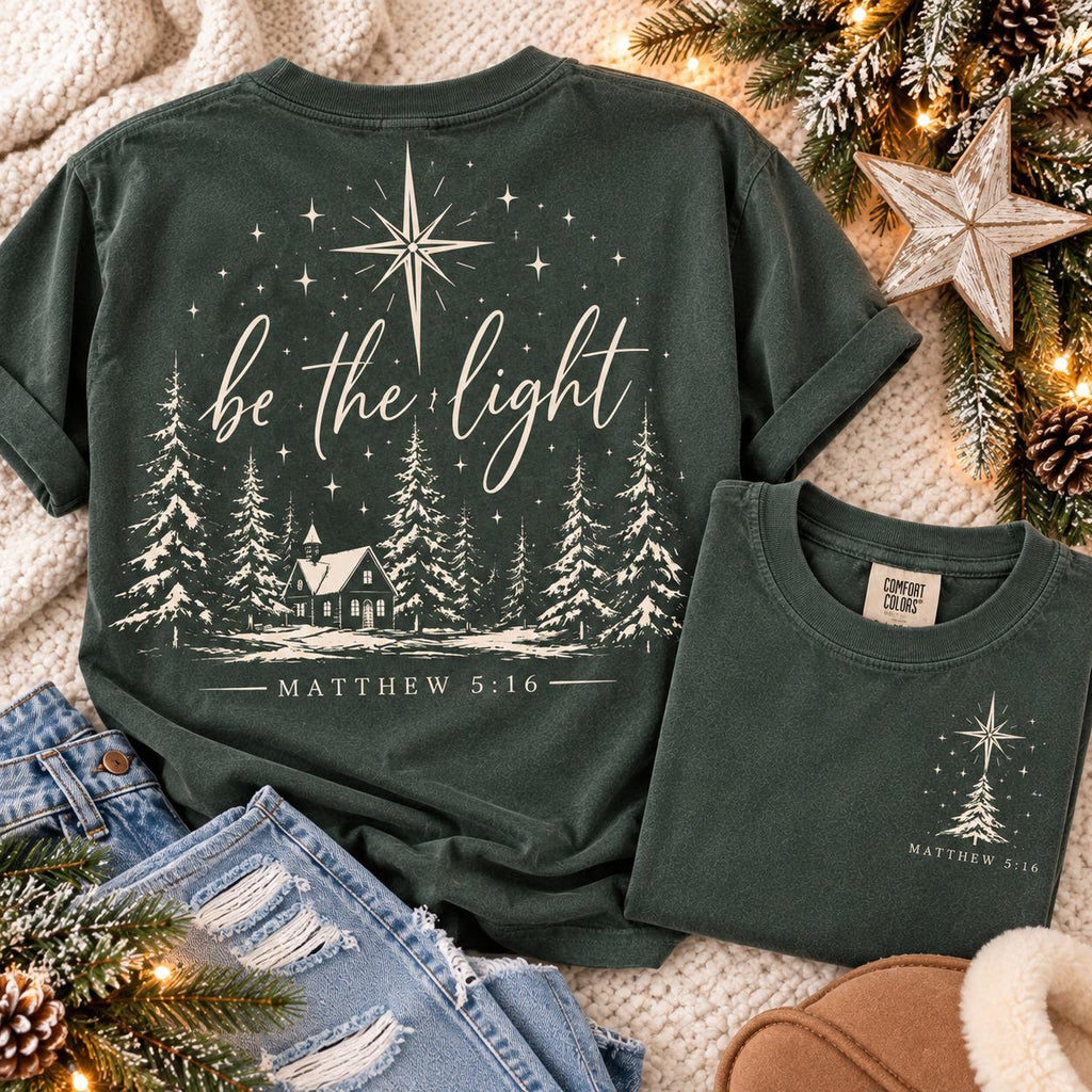 Be the Light Christmas Comfort Colors Tee, Matthew 5:16 Christian Christmas Shirt for Women