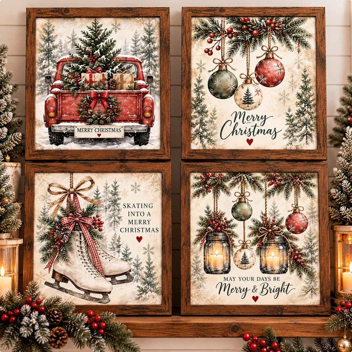 Vintage Farmhouse Christmas Framed Print Set of 4, Red Truck Ornament Lantern Ice Skates Wall Art, Cottage Holiday Decor